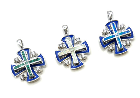 Sterling Silver Enamel with Opal Jerusalem Cross Pendant